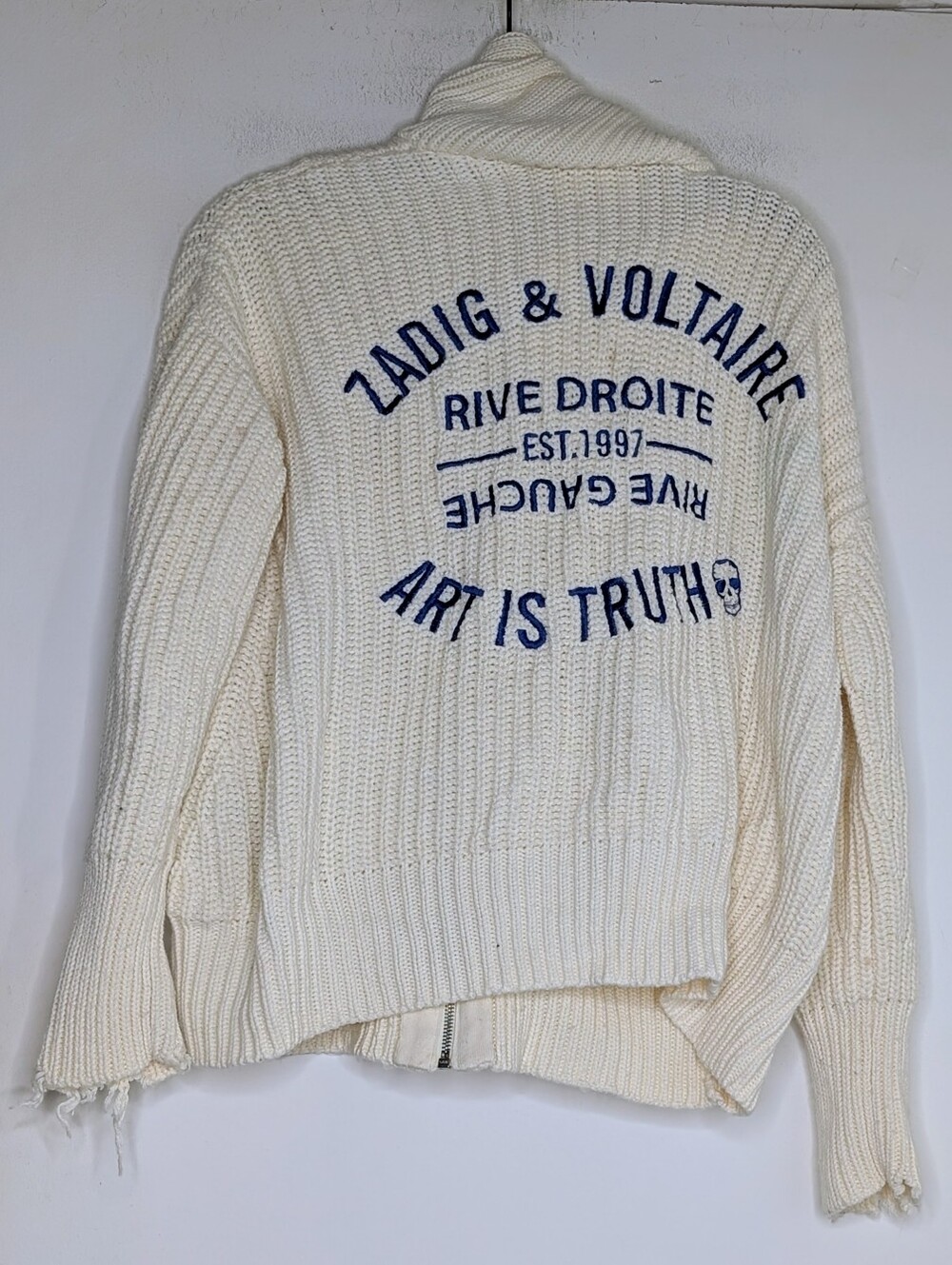ZADIG & VOLTAIRE •  MOORE CREAM LOGO BACK ZIP UP HOODIE CARDIGAN SIZE MEDIUM - Picture 8 of 10
